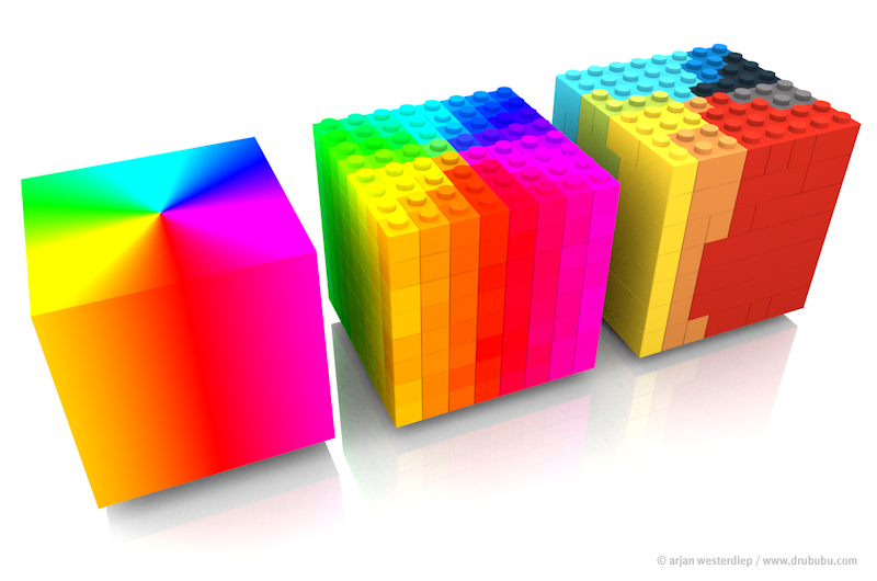 From left to right: Original 3D model, legolized 3D model with unlimited brick colors, legolized 3D model with available brick colors