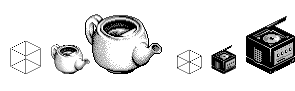construction of isometric pixel art objects, on the left a tea pot, on the right the nintendo gameCube
